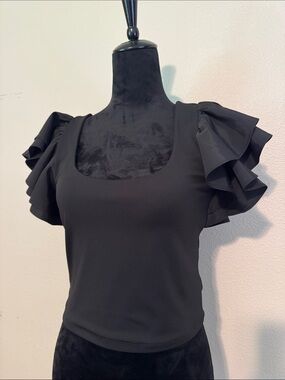 Express Black Scoop Neck Top with Ruffle Flutter Sleeves